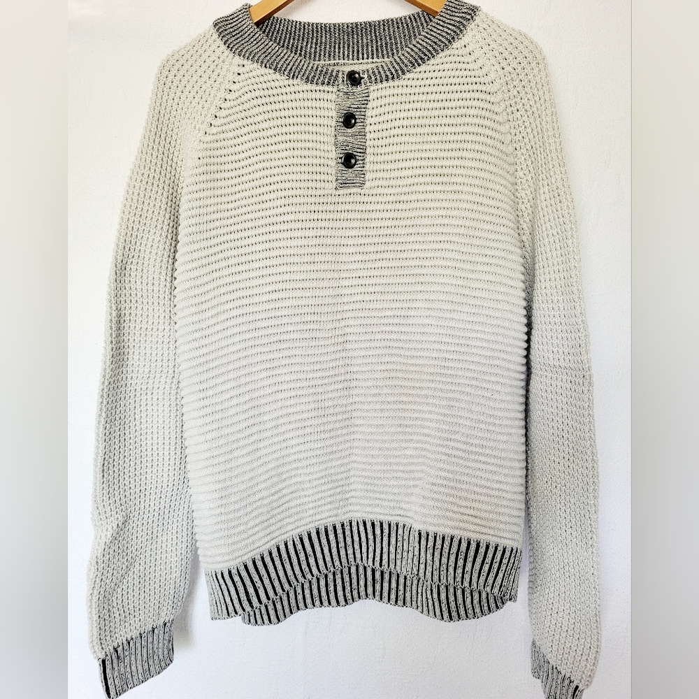 Bar III Men's 100% Cotton Textured Chunky Sweater Ivory 3 Button Crew Neck Large